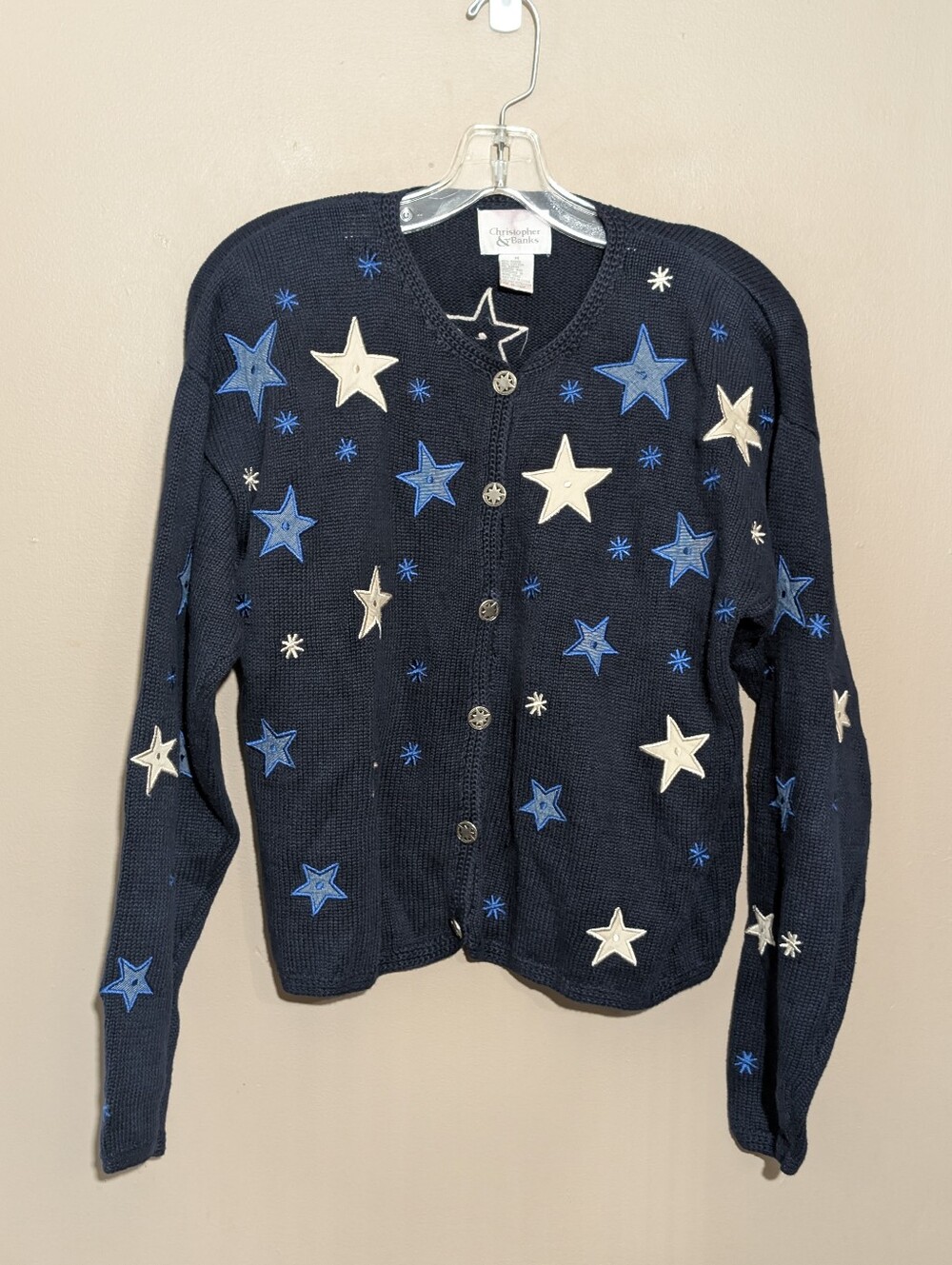 Christopher & Banks Classic Boho Blue Knit Cardigan Sweater Size MediumY2K White